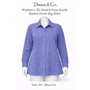 Denim & Co Womens 3X Stretch Faux Suede‎ Button Front Big Shirt Blue Iris A47516